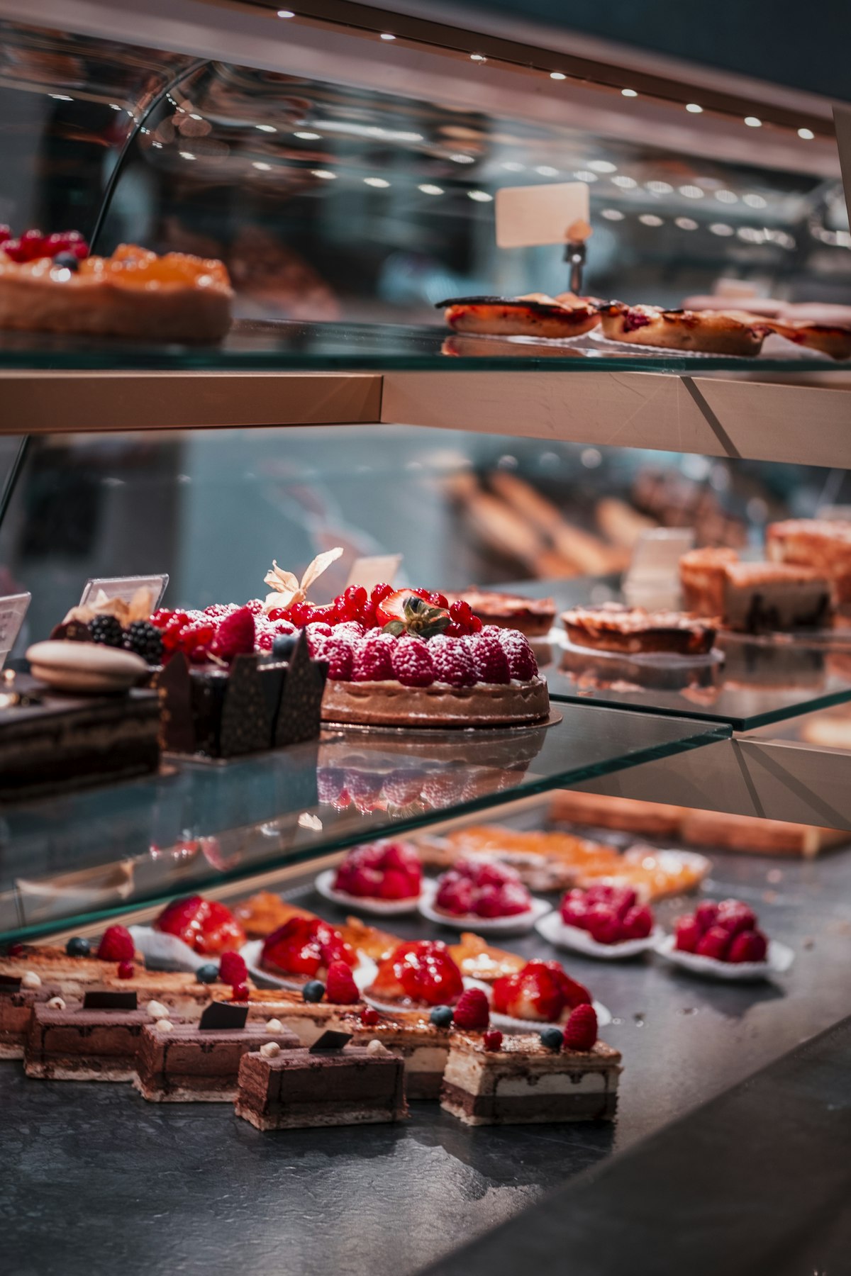 Pastry display with cakes and tarts